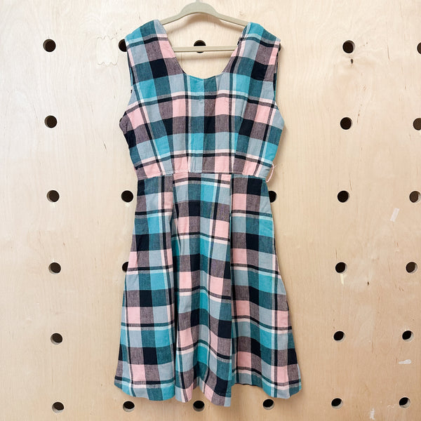 Vintage 1930-40s Pink and Teal Plaid Dress / 6-7yr