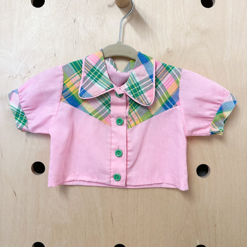 Vintage 1960s Pink & Green Plaid Shirt / 2T