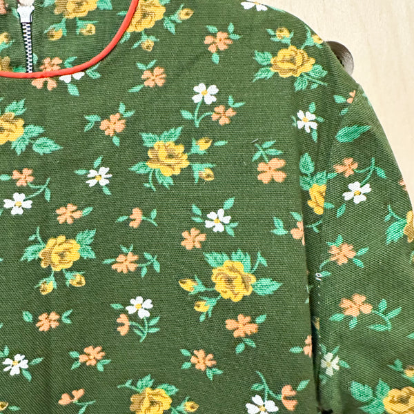 Vintage 1960s Forest Green Floral Dress / 12yr