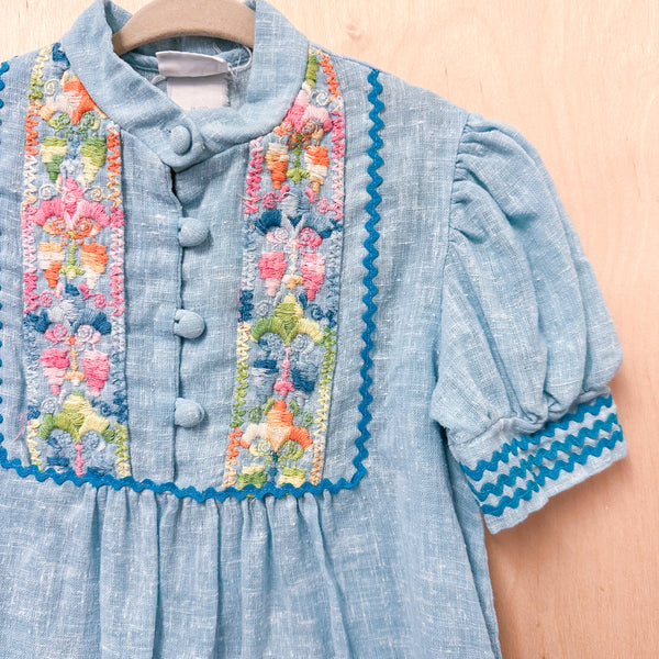 Vintage 1970s Blue Embroidered Dress / 4-5T
