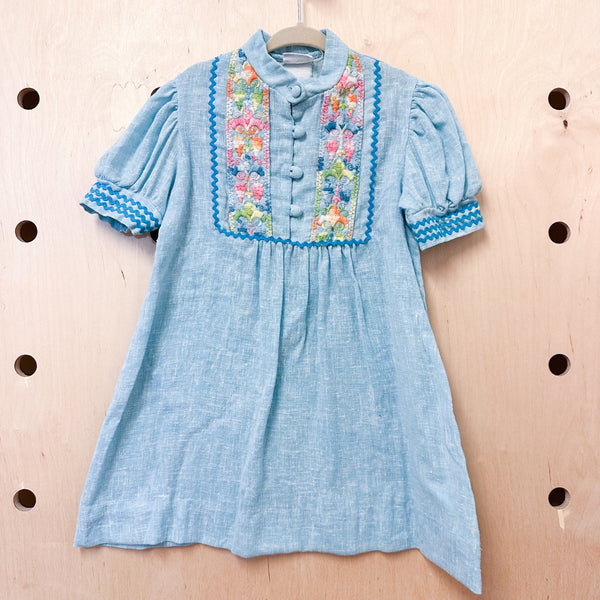 Vintage 1970s Blue Embroidered Dress / 4-5T