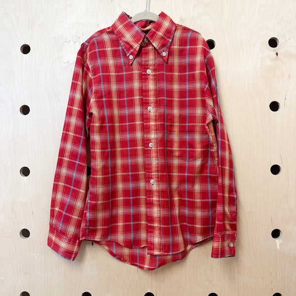 Vintage 1960s Red Plaid Button Down Shirt / 8-10yr