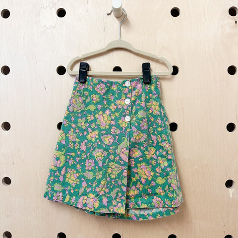 Vintage 1960s Green Floral Corduroy Skort / 10-12yr