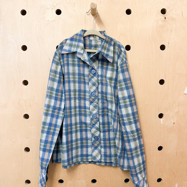 Vintage 1970s Blue Plaid Shirt /  12-14yr