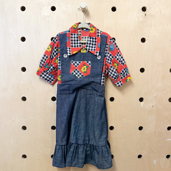 Vintage 1970s Floral Denim Overalls Dress / 5T