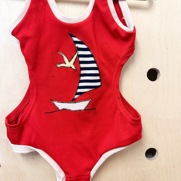 Vintage 1960s Red Sailboat Swimsuit / 4T
