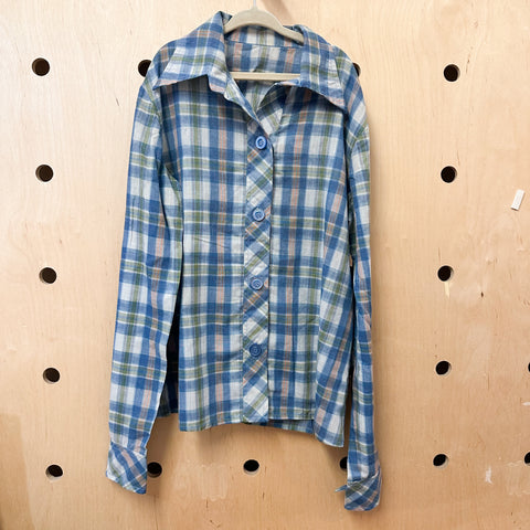 Vintage 1970s Blue Plaid Button Up Shirt / size 12-14yr