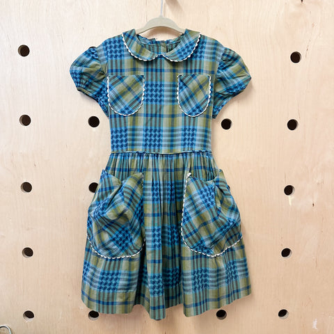 Vintage 1950s Blue & Green Plaid Dress / 3T