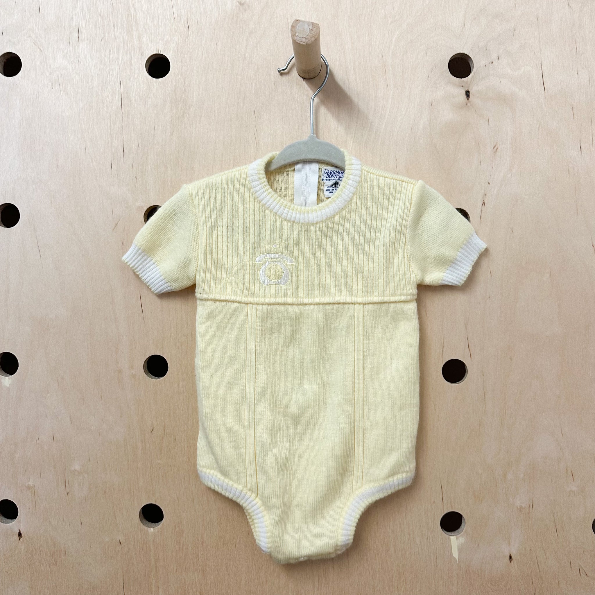 Vintage 1970s Yellow Telephone Knit Romper / 9-12M