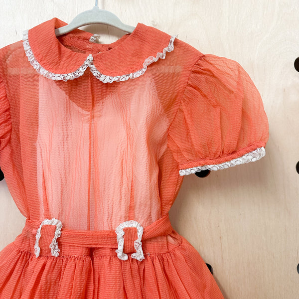 Vintage 1950s Sheer Coral Party Dress / 8-9yr
