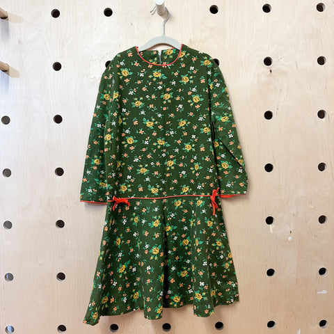 Vintage 1960s Forest Green Floral Dress / 12yr