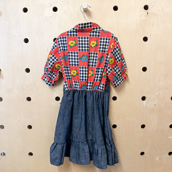 Vintage 1970s Floral Denim Overalls Dress / 5T