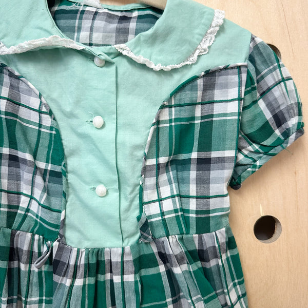 Vintage 1950s Green Plaid Dress / 2T
