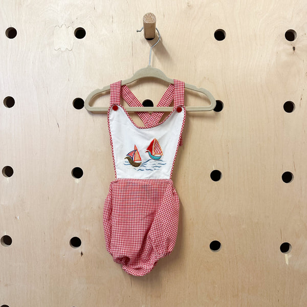 Vintage Sailboat Gingham Romper / 12M