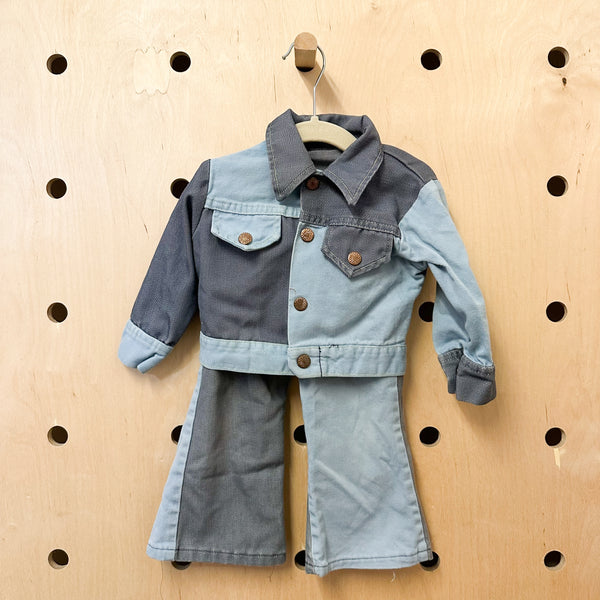 Vintage 1970s Faux Patchwork Denim Outfit / 18M