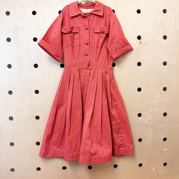 Vintage 1950s Red Checked Floral Dress / 10-12yr