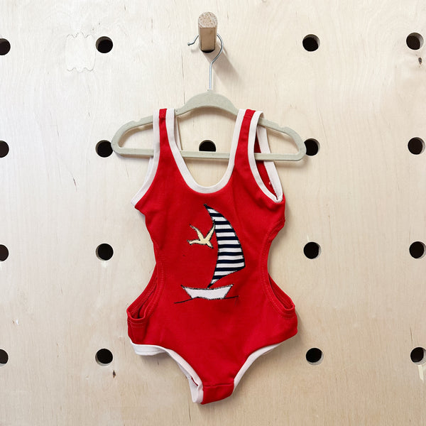 Vintage 1960s Red Sailboat Swimsuit / 4T