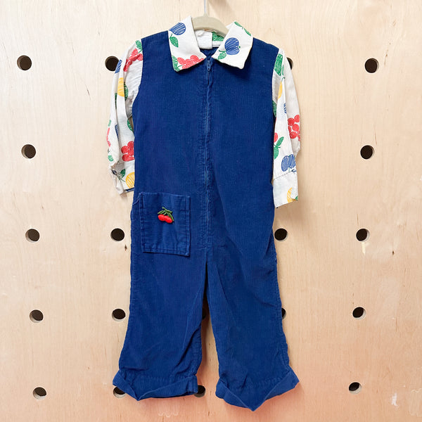 Vintage 1970s Fruit Print Corduroy Jumpsuit / 2T