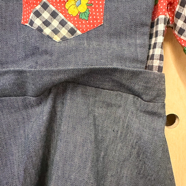 Vintage 1970s Floral Denim Overalls Dress / 5T