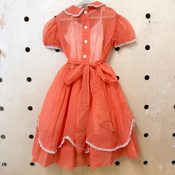 Vintage 1950s Sheer Coral Party Dress / 8-9yr