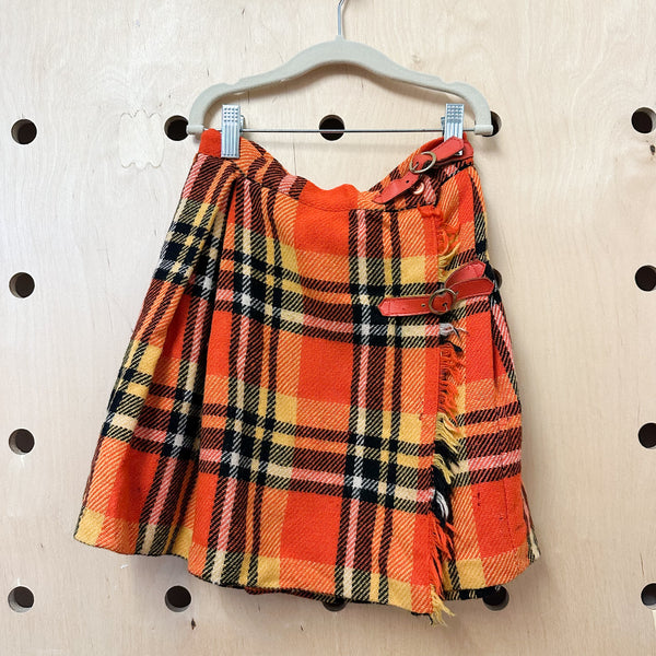Vintage 1960s Orange Plaid Tweed Wrap Skirt / 8-10 (as is)