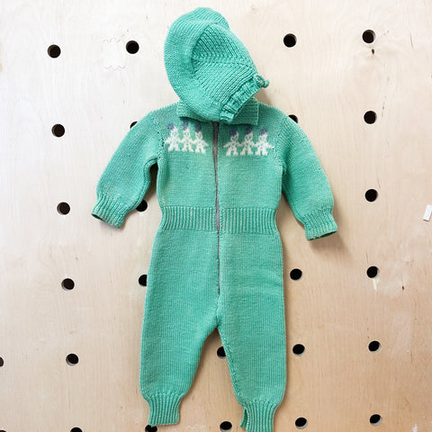 Vintage 1940s Mint Wool Jumpsuit & Hat set / 12-24M