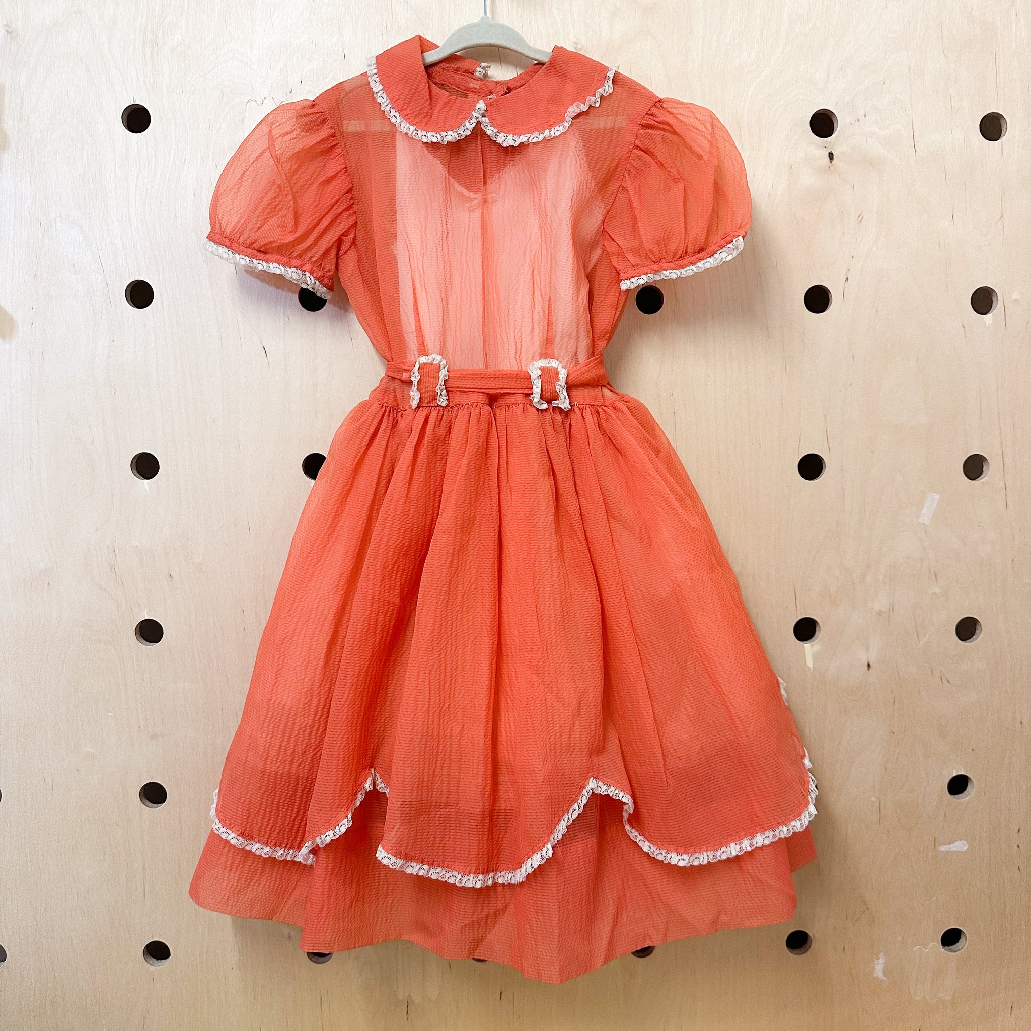Vintage 1950s Sheer Coral Party Dress / 8-9yr