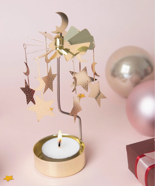 Rotary Candle Holder - Moon and Stars in Gold