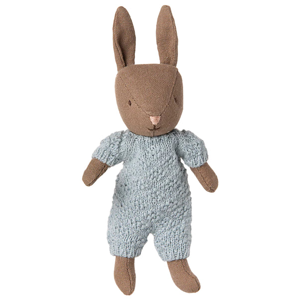 Maileg Rabbit Micro Brown in Blue Knitted Suit