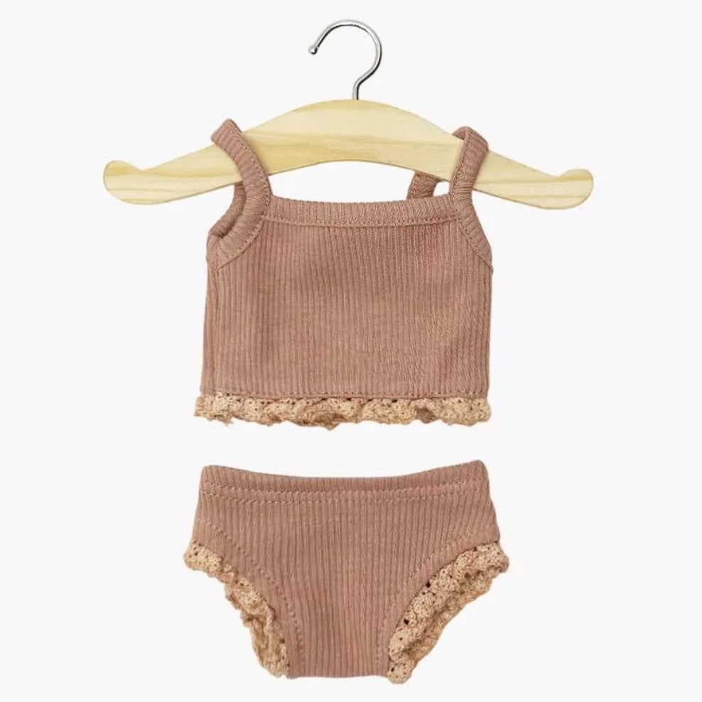 Lace Trimmed Set in Clay Pink Ribbed Knit for Minikane Gordis Dolls