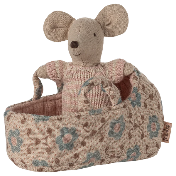 Maileg Baby Mouse in Carrycot Pink