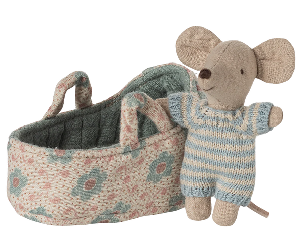 Maileg Baby Mouse in Carrycot Blue