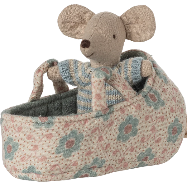 Maileg Baby Mouse in Carrycot Blue