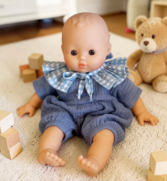 Set of 2 Blue / Gingham Cotton Gauze Collars for Minikane Dolls