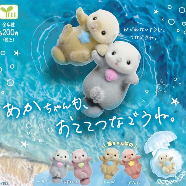 Flocked Sea Otters Holding Hands in a Shell Capsule Toy