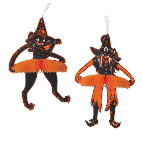 Vintage Halloween Jointed Tango 16" Witch & 15" Cat Decorations