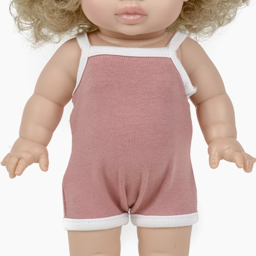 White Trimmed Onsie in Rose Jersey Knit for Minikane Gordis Dolls