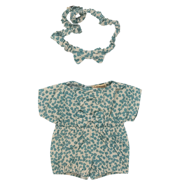 Gommu Romper with Bows and Headband in soft green flowers