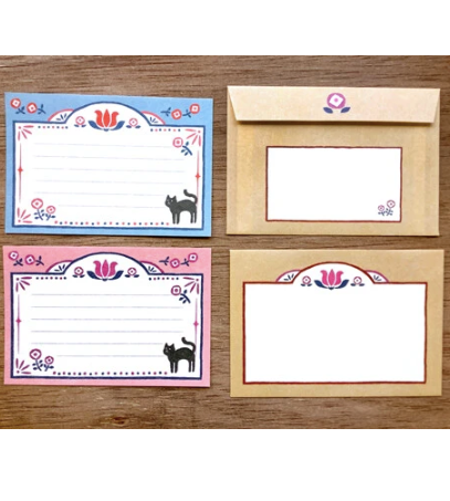 Japanese Mini Letter Writing Set - Black Cat & Flower