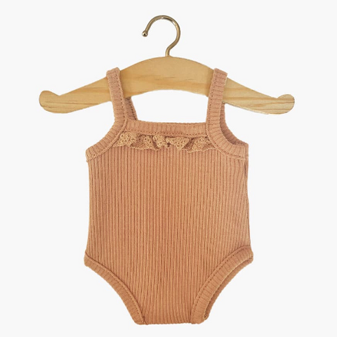 Lace Trimmed Onsie in Brown Sugar Ribbed Knit for Minikane Gordis Dolls