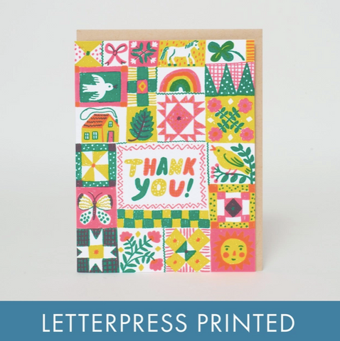 Folk Quilt Thanks Letterpress Greeting Card By Phoebe Wahl