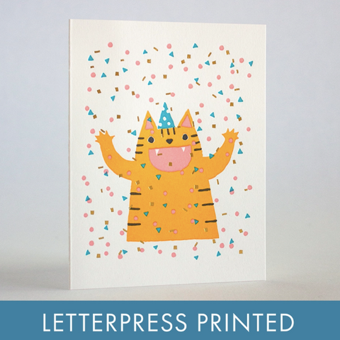 Confetti Cat Party Letterpress Greeting Card By Fugu Fugu