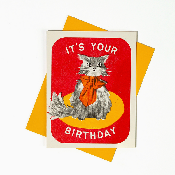 It's Your Birthday Bow Cat - Risograph Card