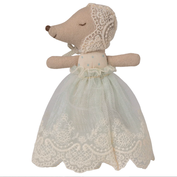 Maileg Baby Mouse in gown - mint