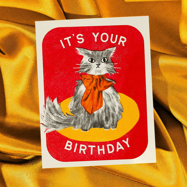 It's Your Birthday Bow Cat - Risograph Card