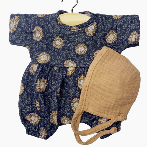 Noa Romper with Beguin Bonnet for Minikane Soft-bodied Babies in "licorice with brown sugar bonnet" print