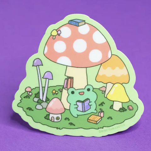 Froggy Reading In Mushrooms Sticker