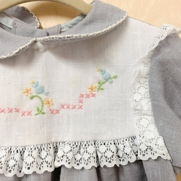 Vintage 1980s Hand Embroidered Gray Dress / 2T