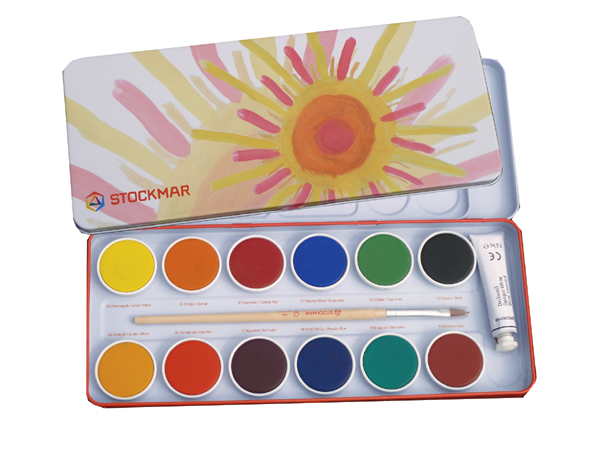 Stockmar Opaque Paints with natual brush and mixing palate in metal box
